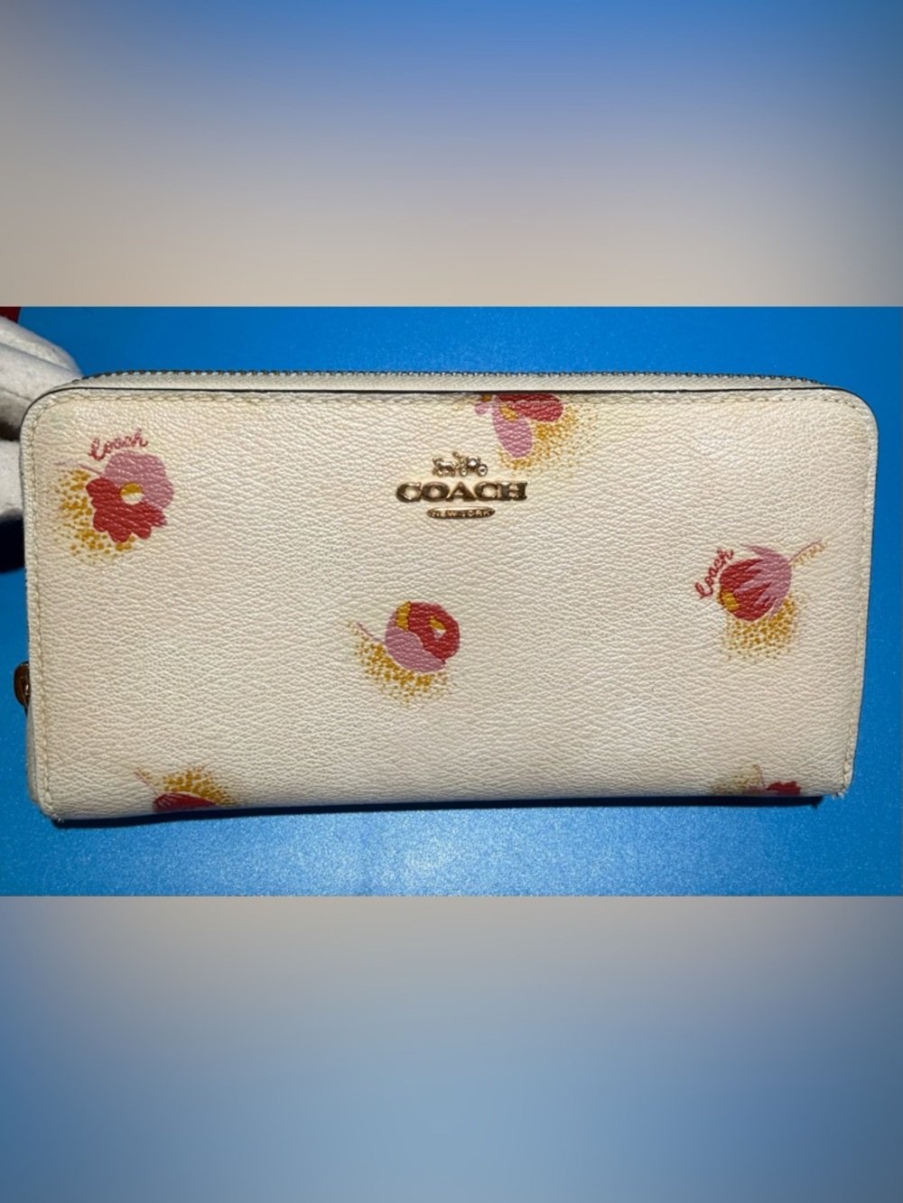 COACH Zip Around Flowered Long Wallet, Cream with Pink